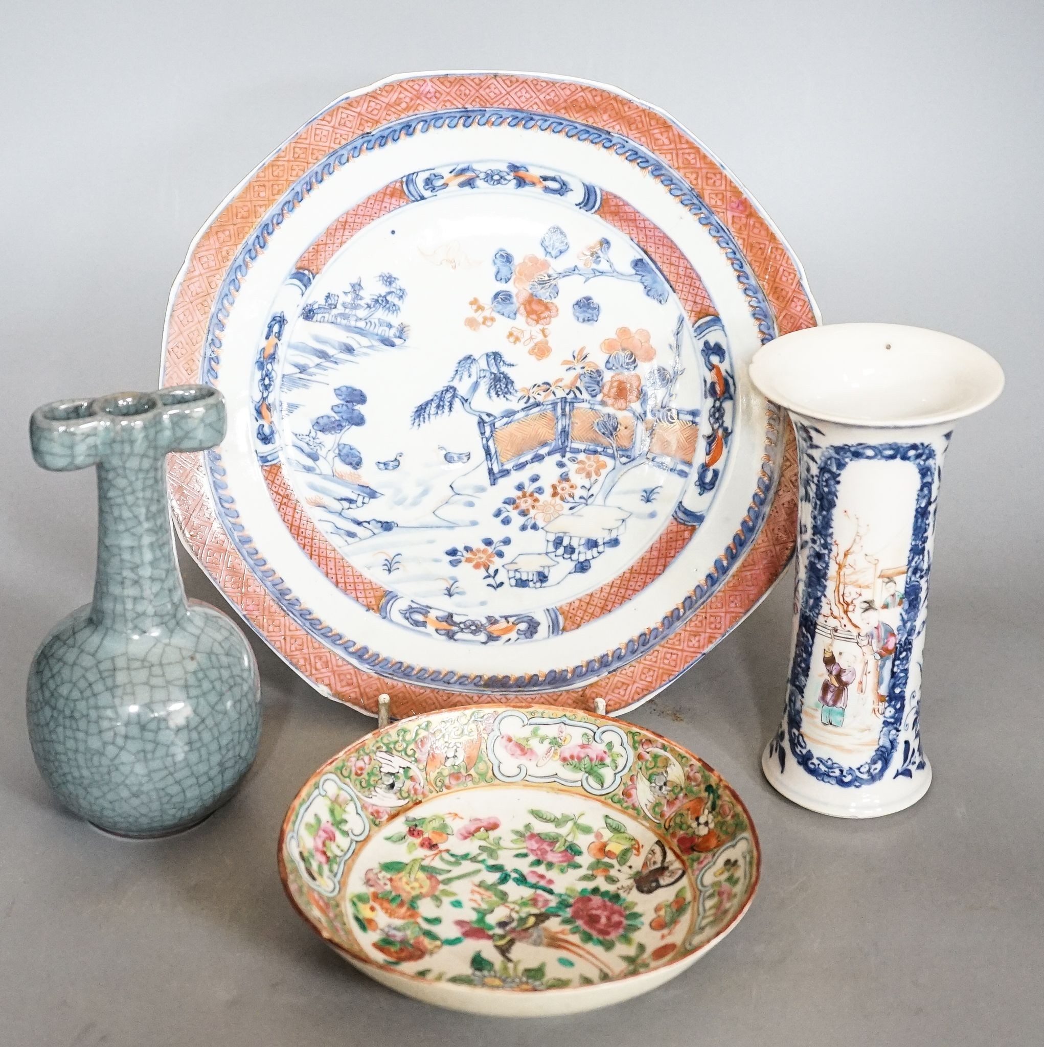 An 18th-century Chinese famille rose small vase, a similar octagonal plate, a 19th-century Cantonese dish and a crackle glaze arrow vase, tallest 15cm